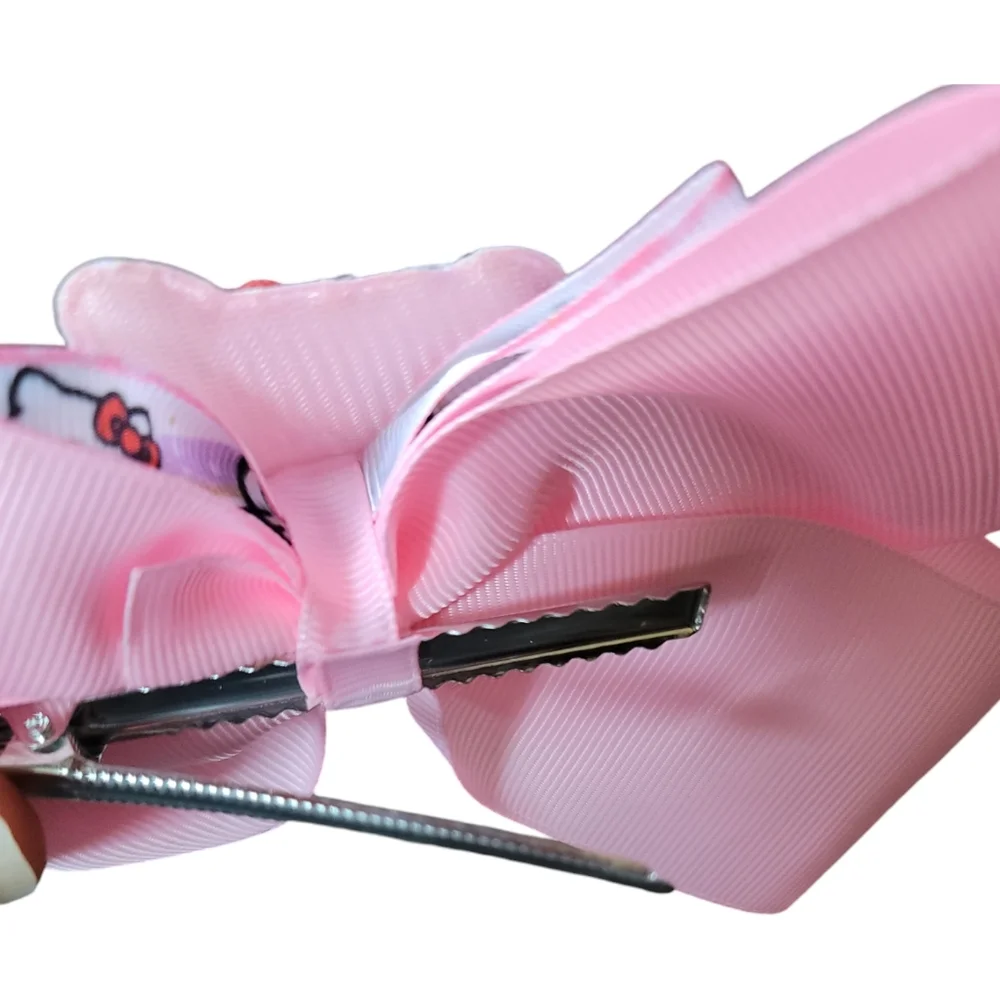 Cat Custom Handmade HK Sequins Ribbon and Rhinestone Pink Bow Hair Clip